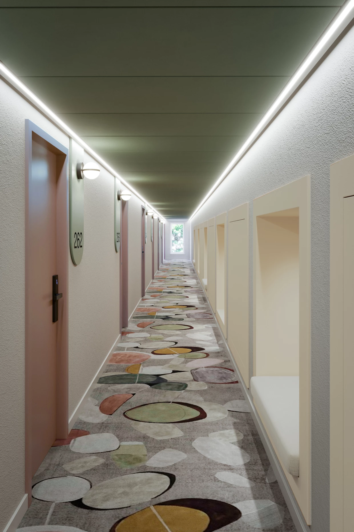 Hotel corridor with colorful carpet and room doors