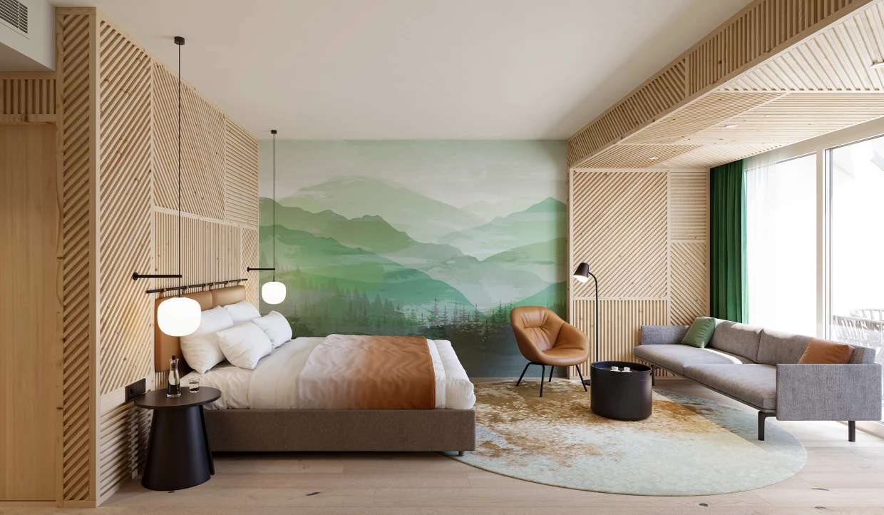 Hotelzimmer mit Bett, Wandbild und Sitzecke