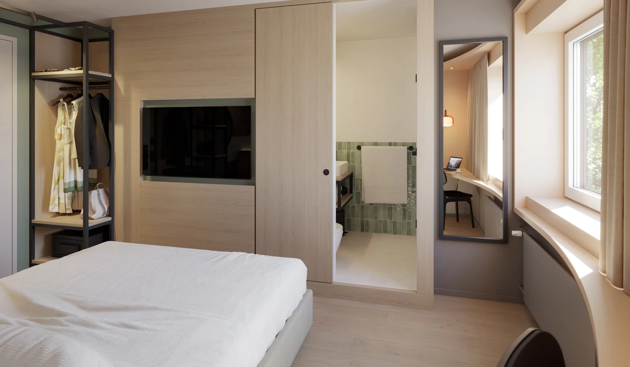 Hotel room with open wardrobe and bathroom