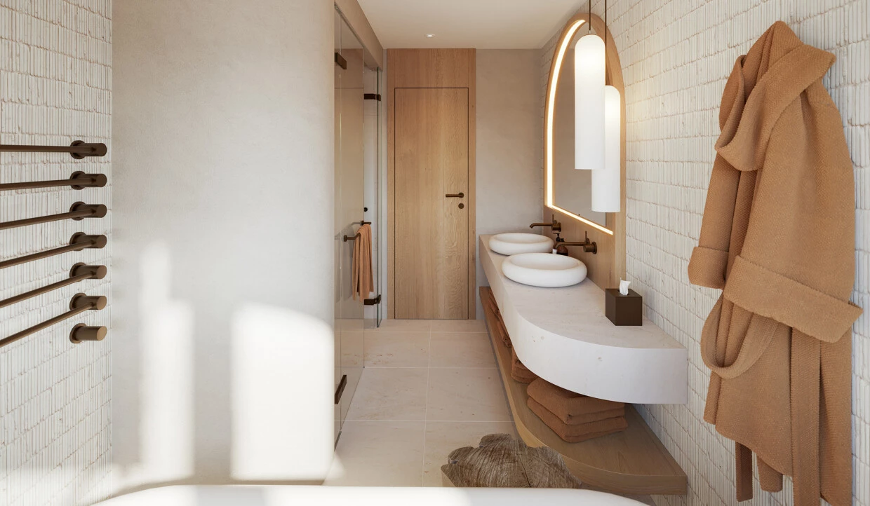 Modernes Hotelbad in matt-weiß mit organischen Formen