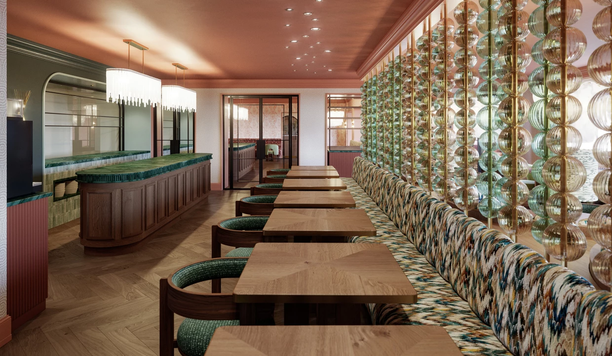 Long counter in a stylishly decorated restaurant