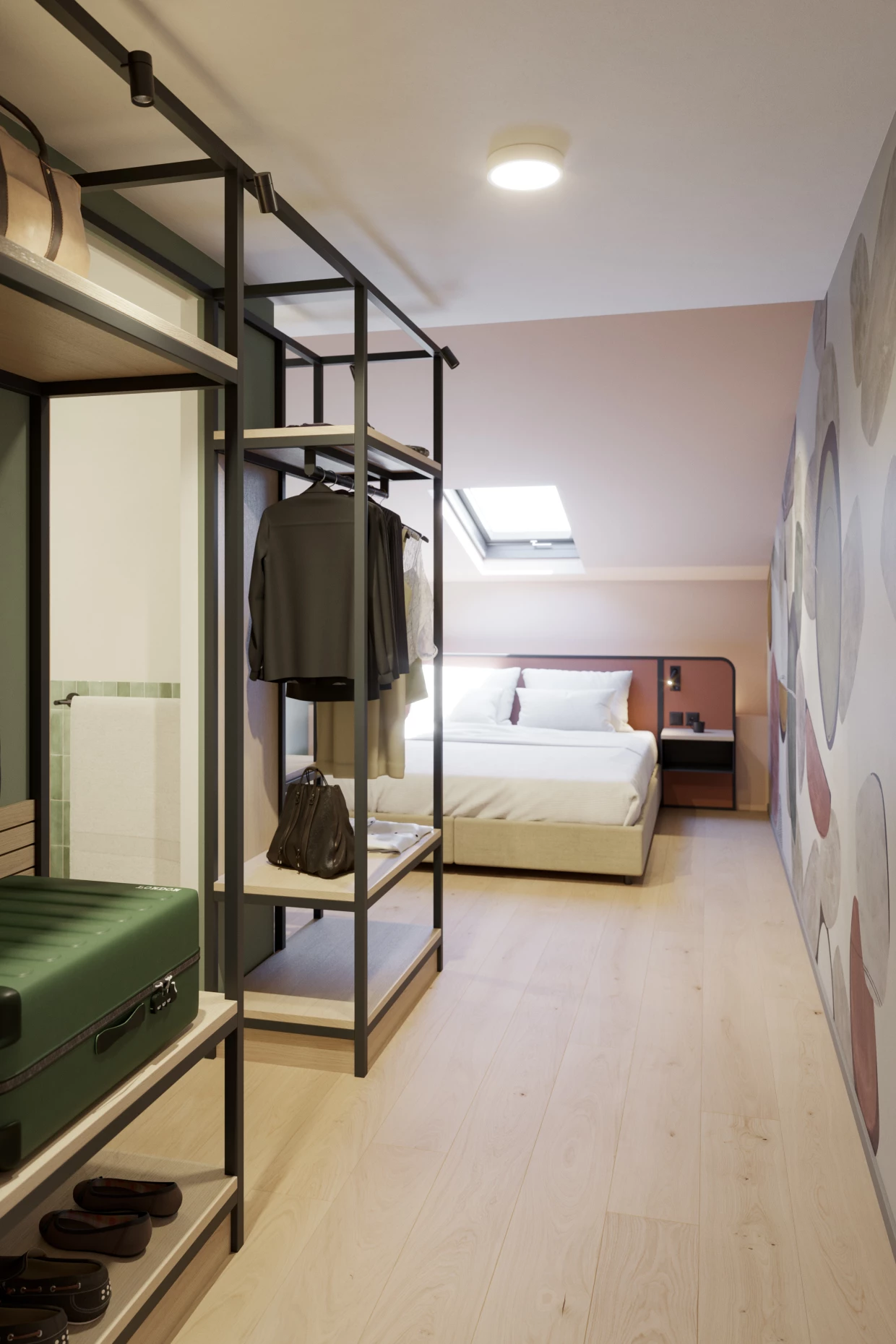 Long hotel room with skylight and wardrobe
