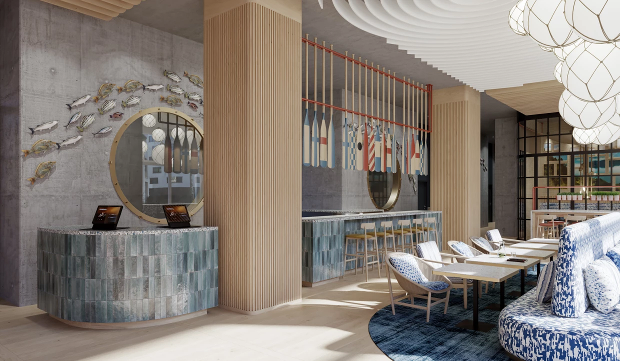 Moderne Bar mit runden Spiegeln und Fischdekoration an der Wand