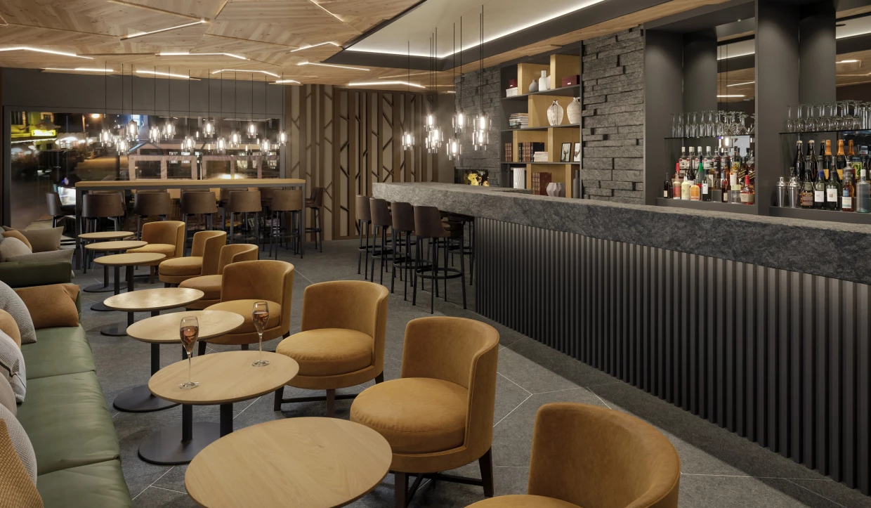 Moderne Hotelbar mit Hockern und runden Tischen
