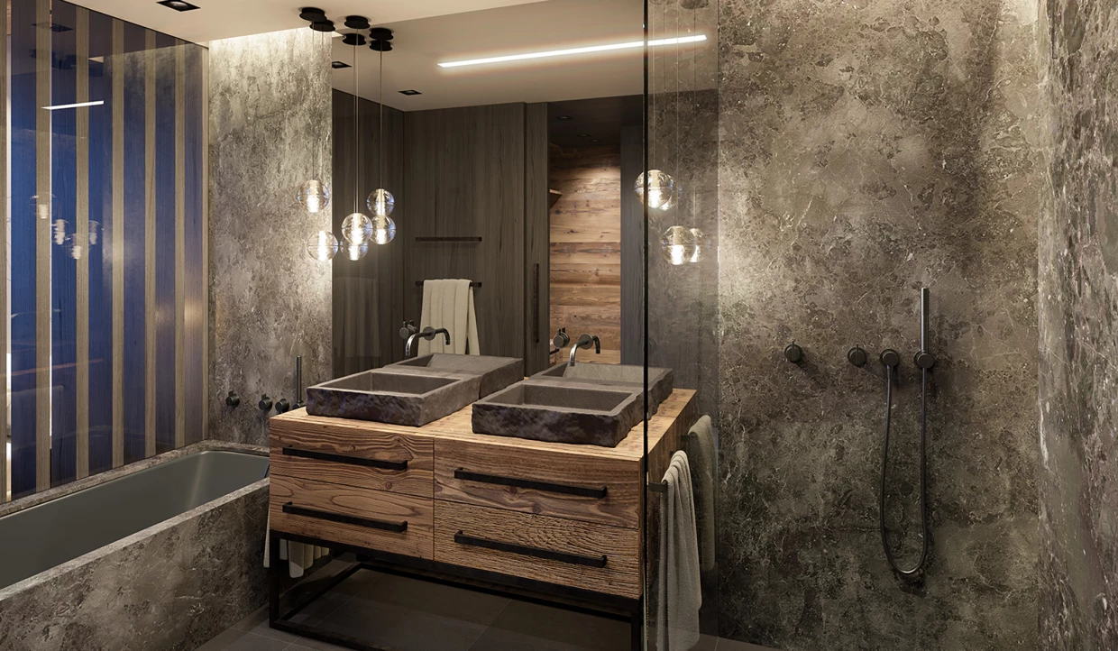 Modernes Badezimmer mit Doppelwaschbecken und freistehender Dusche