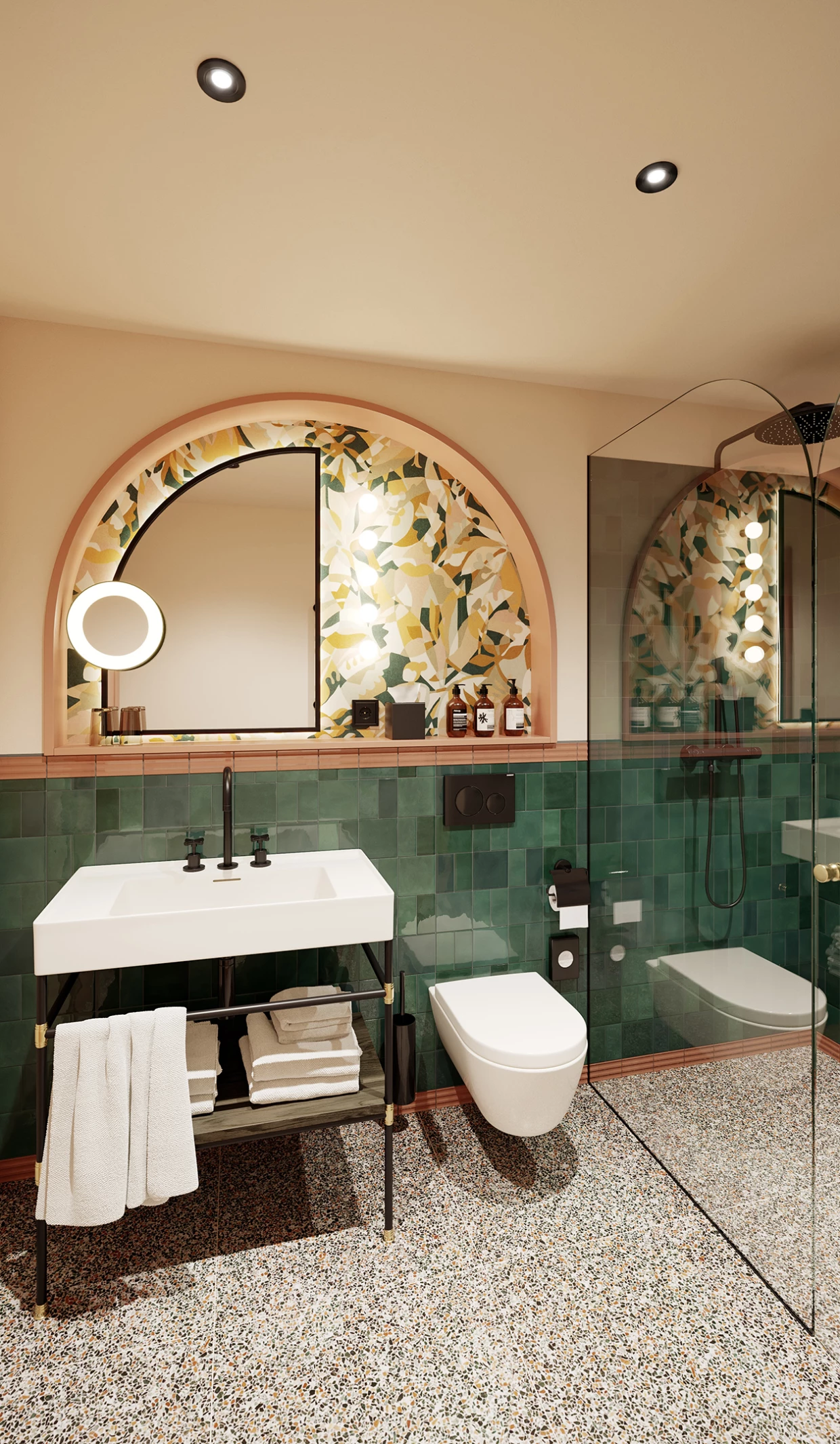 Modern bathroom with rain shower, green tiled walls and decorative mirror