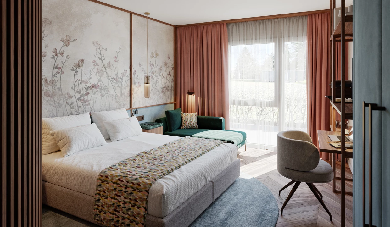 Modernes Hotelzimmer mit Doppelbett, Sofa und großem Fenster