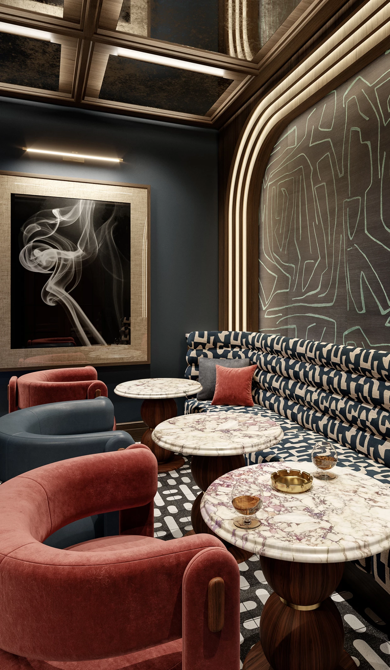 Smoking room with marble tables and red chairs