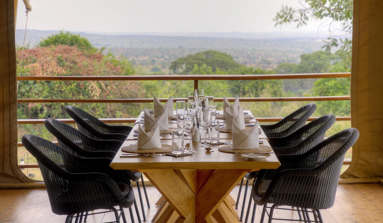 Dining area with large table and chairs with tree view