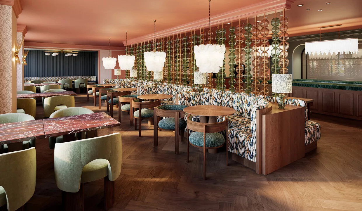 Restaurant mit modernen Lampen und gepolsterten Sitzbänken