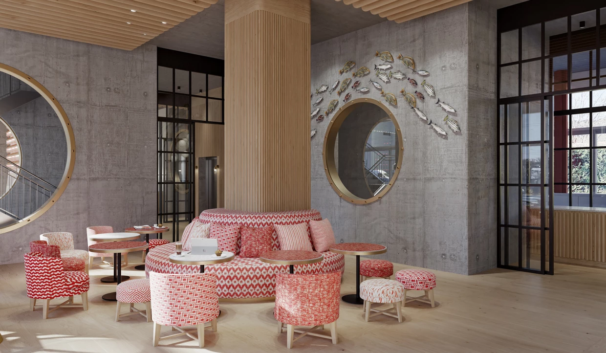 Lobby mit rotem Muster und runden Tischen in modernem Design