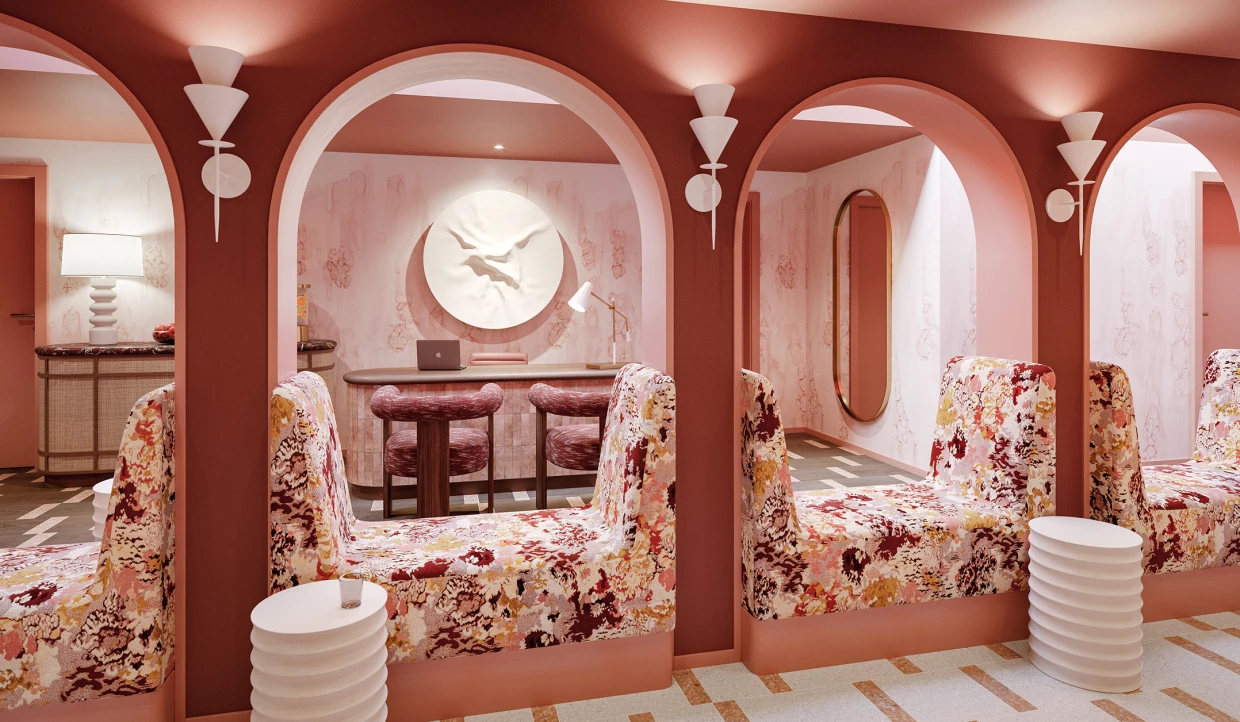 Spa area with floral chairs and round arches