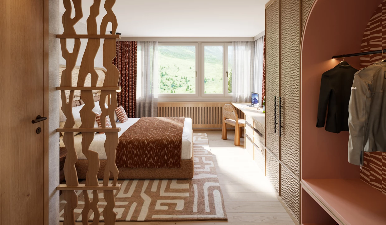 Elegant-modernes Hotelzimmer mit Raumtrenner in Holz in Beige und Erdtönen