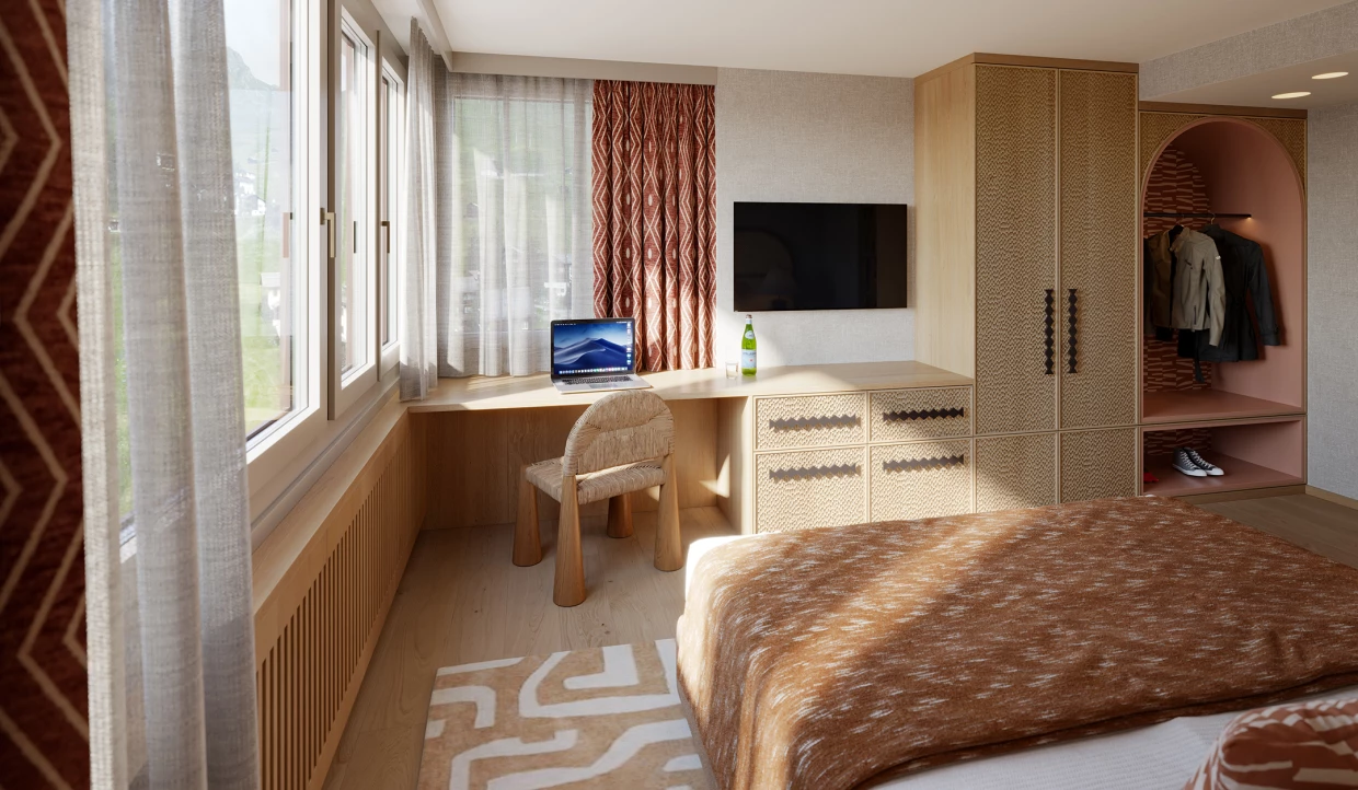 Schreibtisch und Schrank in Luxus-Hotelzimmer in natuerlichen Farben 