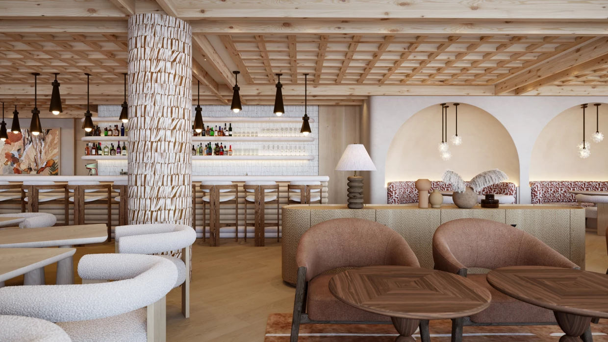 Elegant, minimalist hotel lobby in natural colors in Graubünden