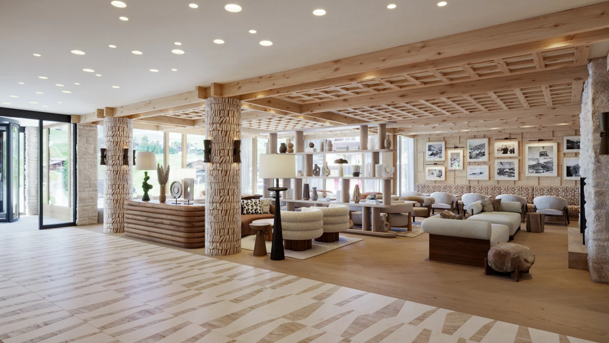 Lobby of a luxury hotel in Arosa with furniture in beige