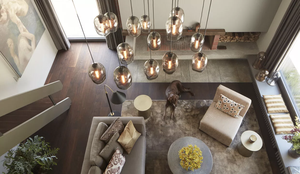 Beleuchtetes Wohnzimmer mit Sofa, gemusterten Kissen und sitzendem Hund