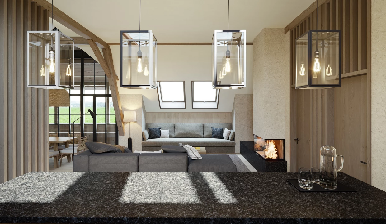 Blick von der Küche ins Wohnzimmer mit Kamin