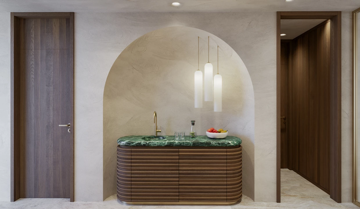 Decorative niche with marble top and hanging lamps