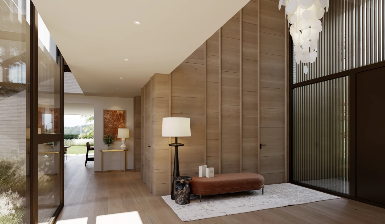 Elegantes Foyer mit Bank, Tisch und Lampe