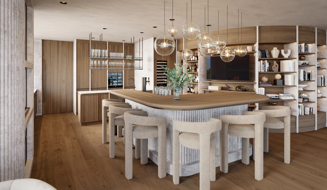 Dining area with round stools and glass orb lights