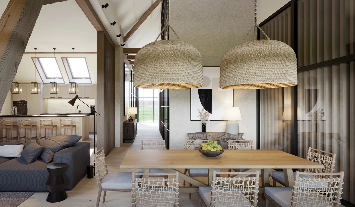 Esszimmer mit großen Leuchten und Holzdecke