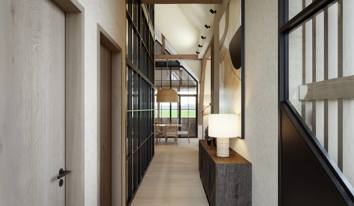Flur mit Holzlampe und Blick ins Esszimmer