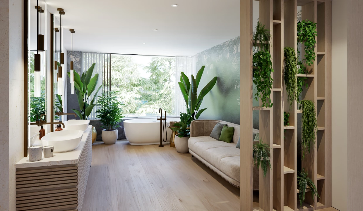 Großes Badezimmer mit Badewanne und grünen Pflanzen