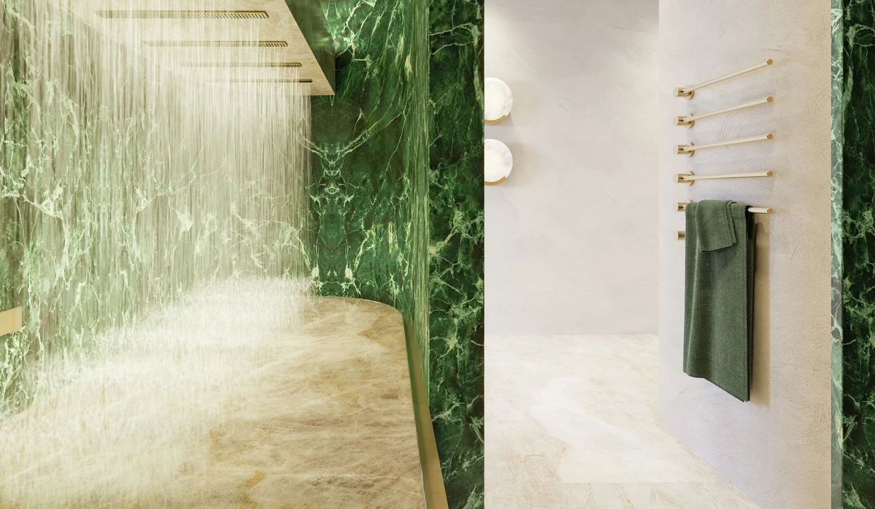 Green marble shower with towel rack