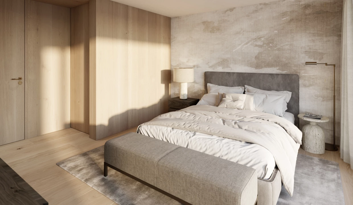 Bright bedroom with bed, bench, and nightstand
