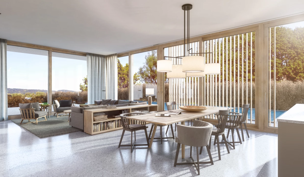 Bright living room with large dining table and panoramic windows