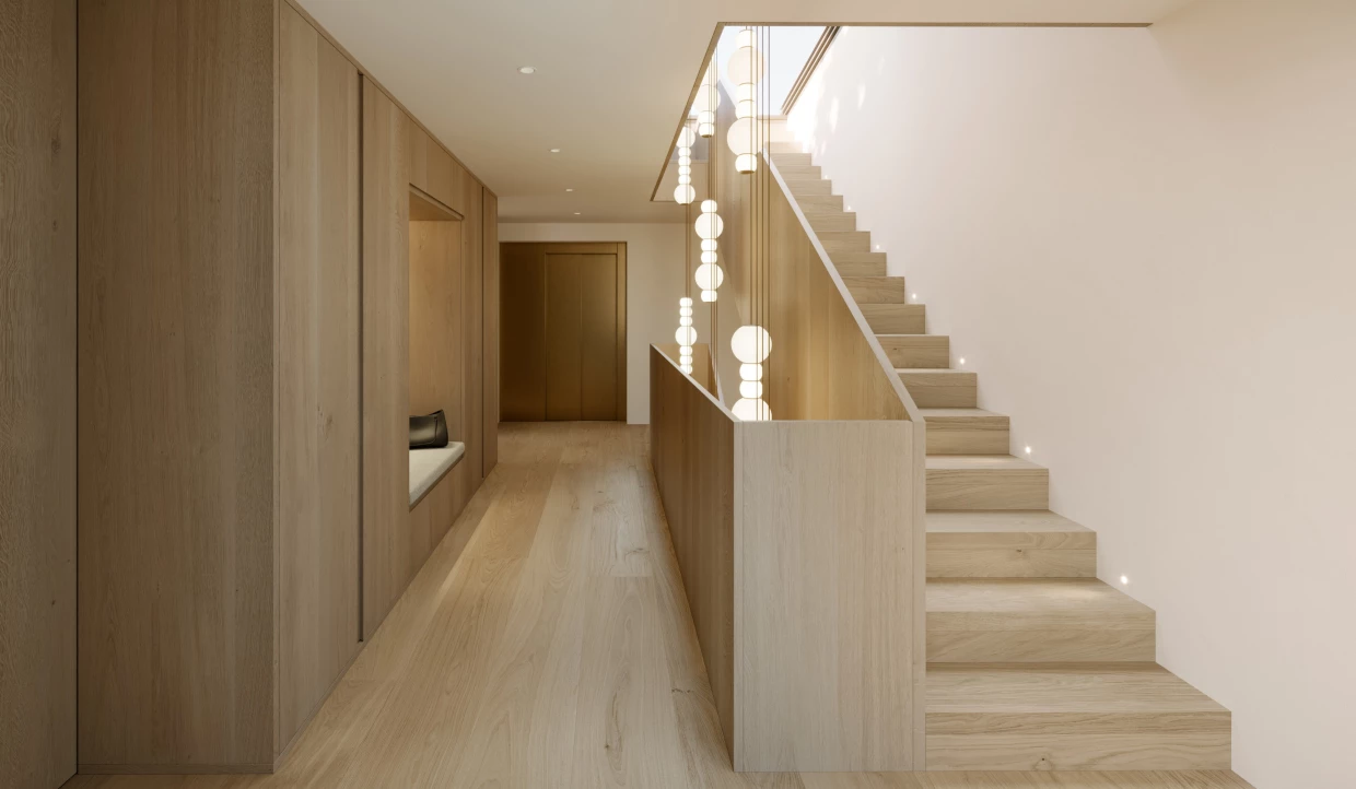 Wooden staircase with hanging lights