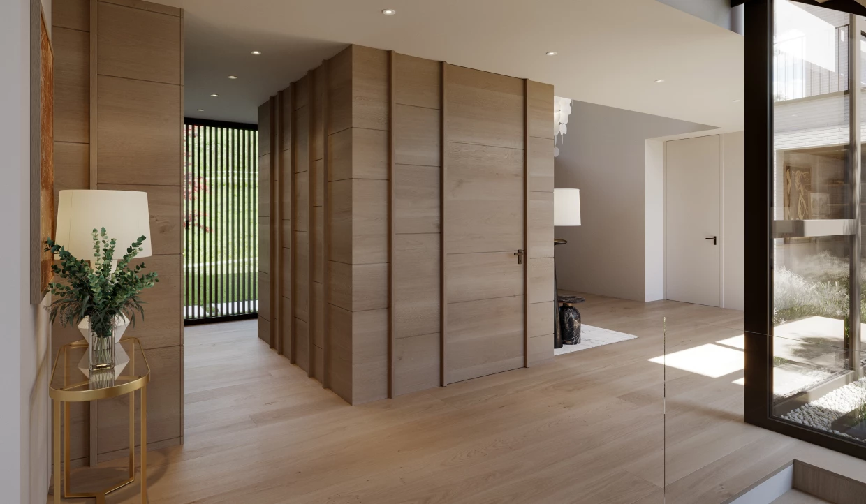 Korridor mit Holzverkleidung und Blick in den Garten