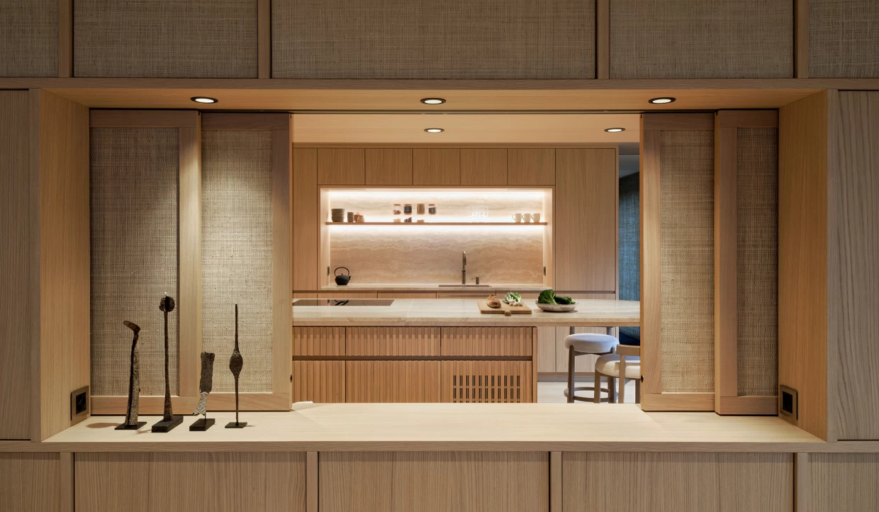 Kitchen with adjustable wood panels and decor