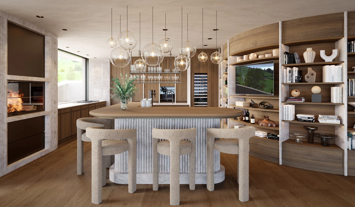 Kitchen with bar stools, chandeliers, and shelves