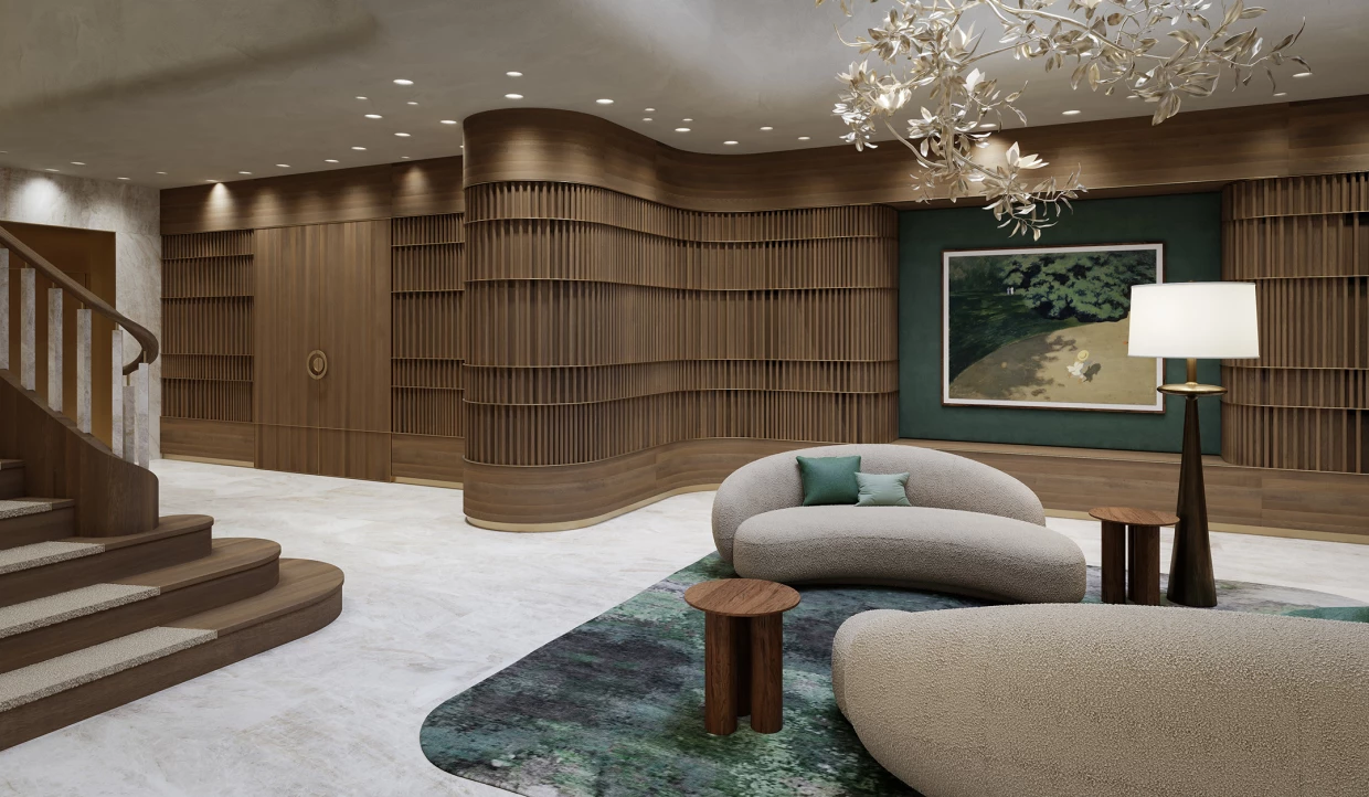 Lounge with curved wood paneling and sofa
