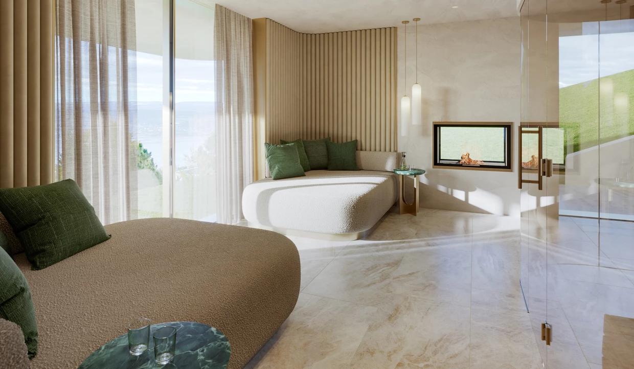 Lounge with armchairs and large panoramic windows