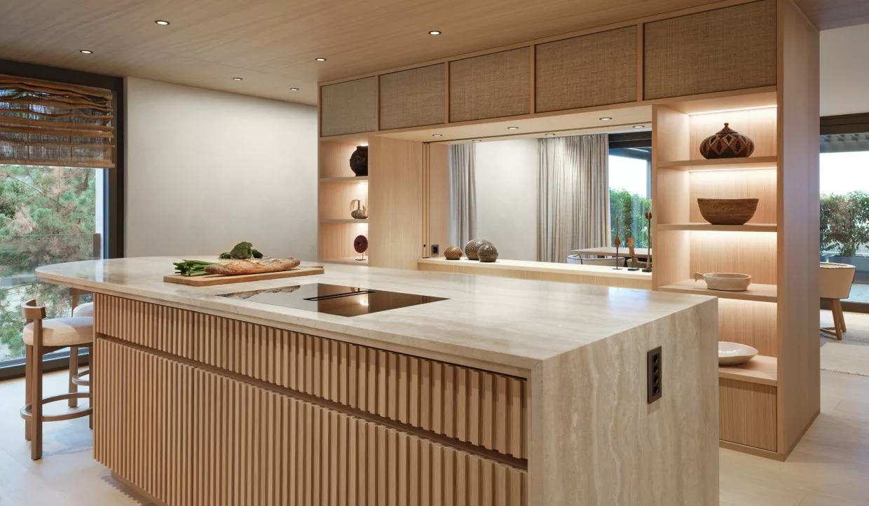 Modern kitchen with large countertop and shelves