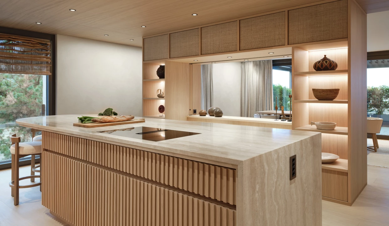 Modern kitchen with large countertop and shelves