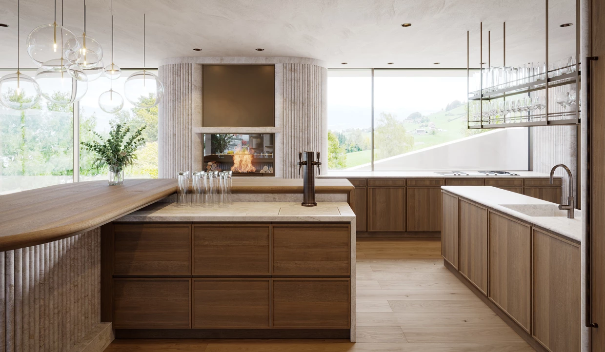 Modern kitchen with lights, wooden counter, and panoramic windows