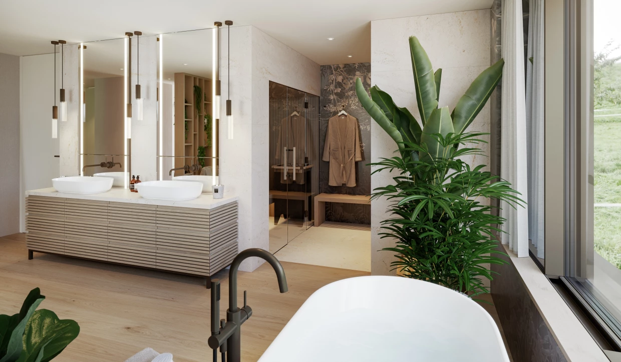 Modernes Badezimmer mit freistehender Badewanne und Pflanzen