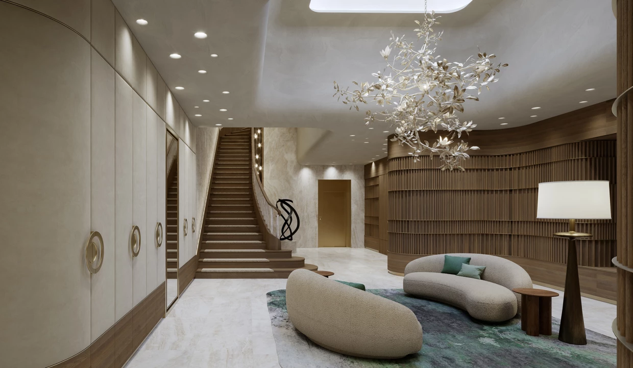 Modern living room with staircase, sofa, and light