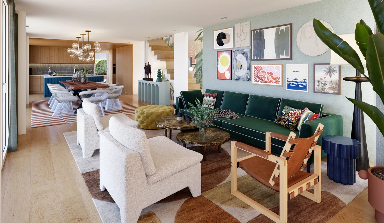 Offener Wohnraum mit Sofa, Sitzgelegenheiten, Esstisch und Treppe