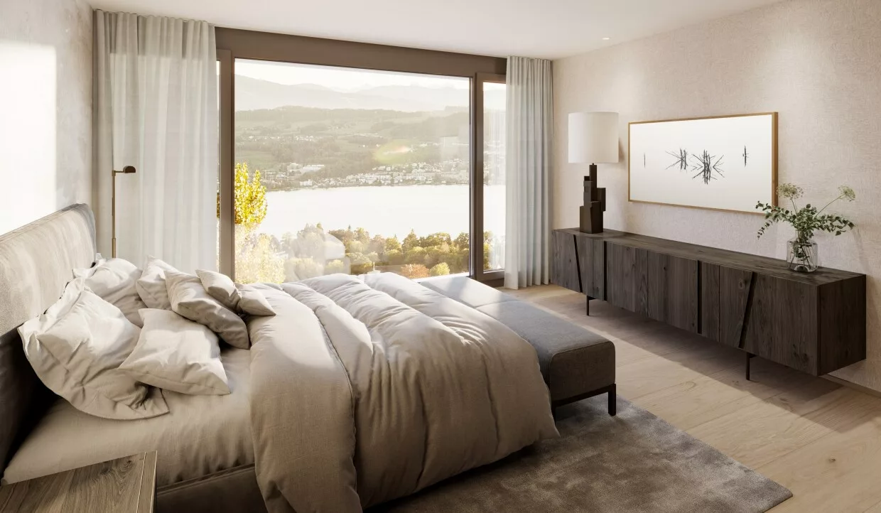 Bedroom with large window and landscape view