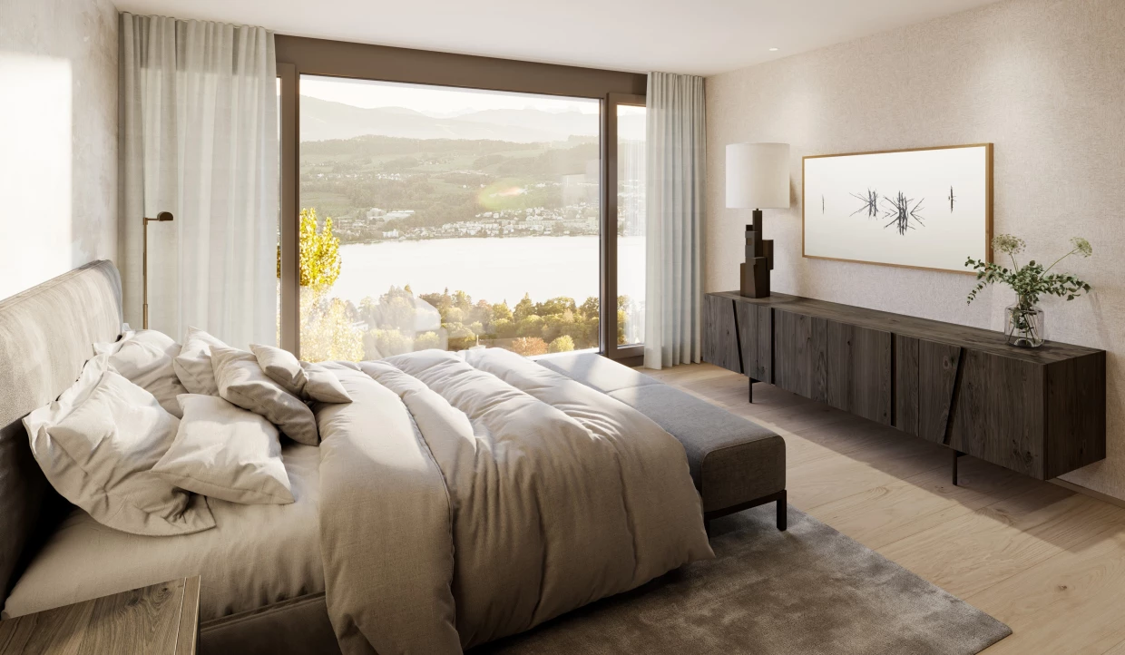 Bedroom with large window and landscape view