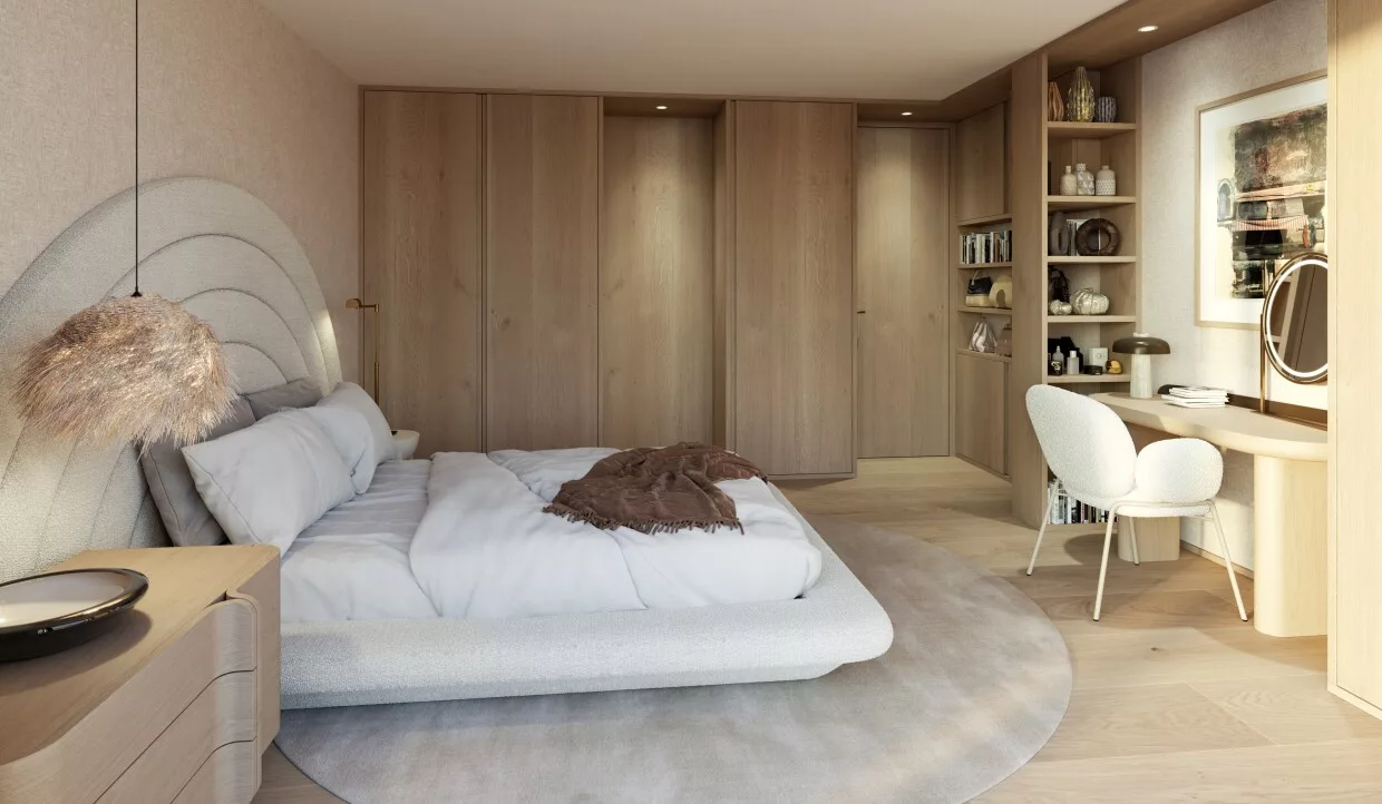 Space Age minimalist elegant bedroom with bed, desk, and shelves
