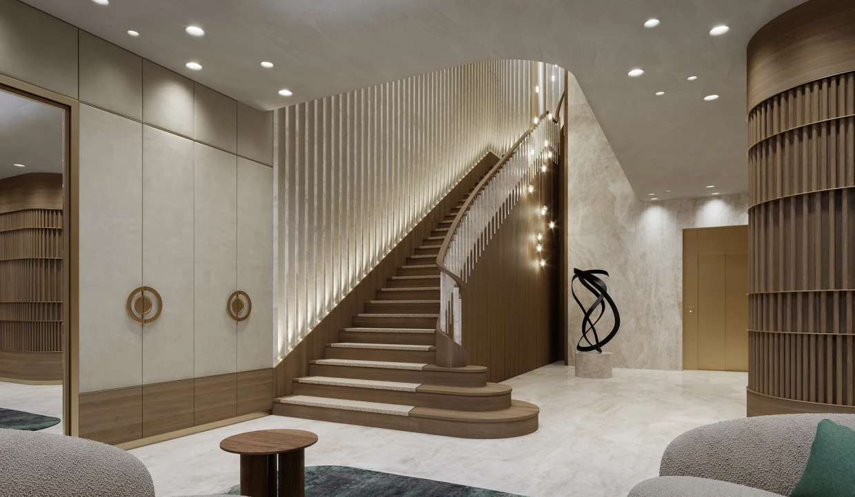 Staircase with wooden railing and mirrors on the wall