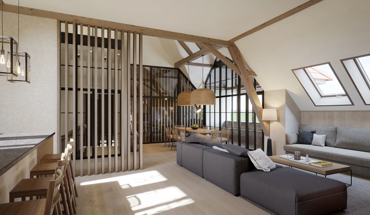 Wohnraum mit grauem Sofa, Trennwand und großem Fenster