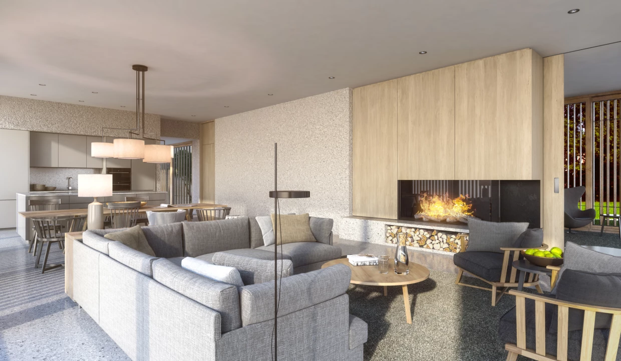 Living room with fireplace, gray sofa, and open kitchen