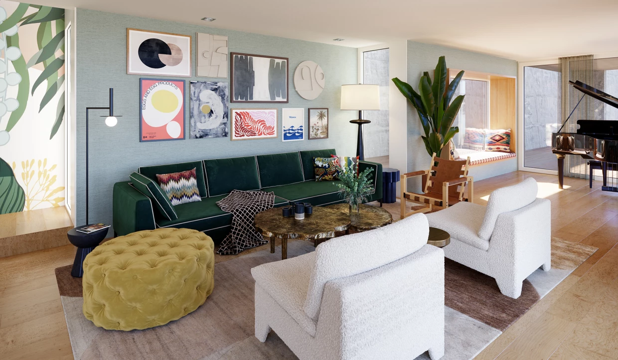 Wohnzimmer mit grünem Samtsofa, bunten Kissen und einem Klavier